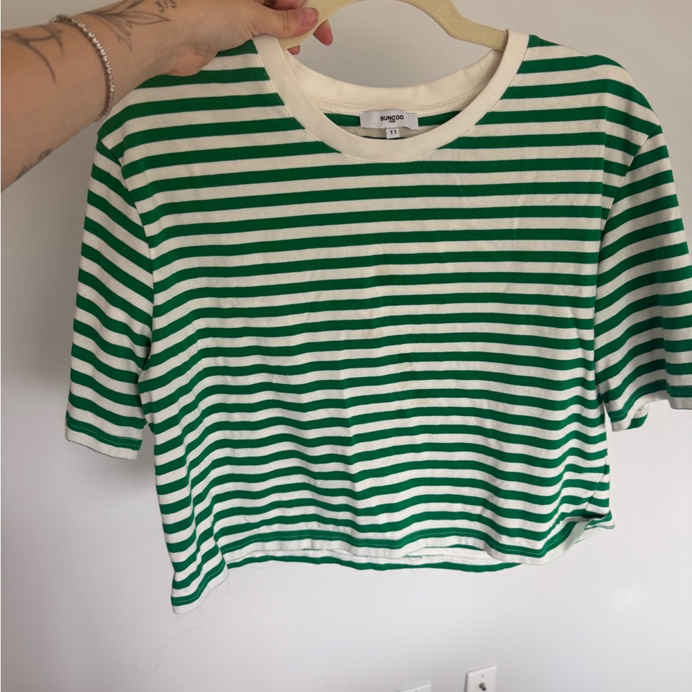 SUNCOO Paris Green and White Striped Tee